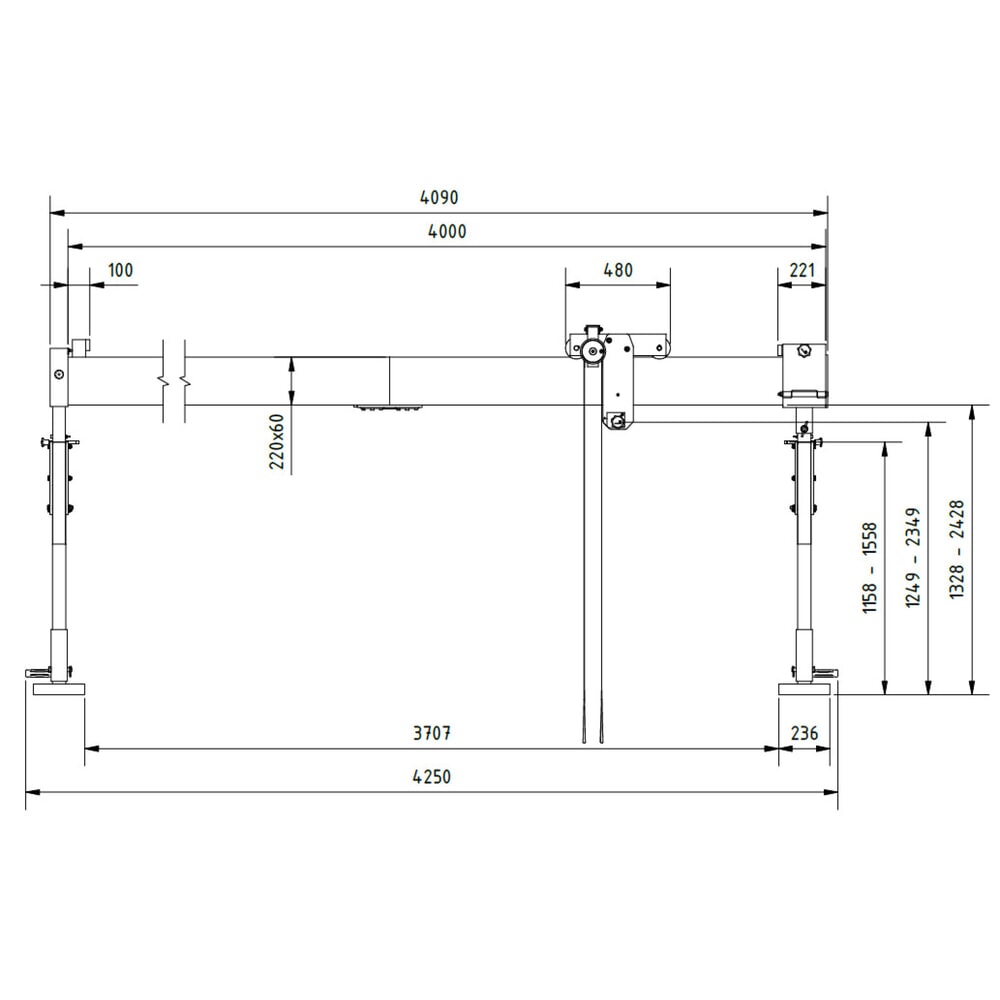 Zdjęcie produktu nr 2: Aluminiowa suwnica bramowa SCHILLING z dzieloną belką, punkt zawieszenia 1249-2349 mm, udźwig 500 kg