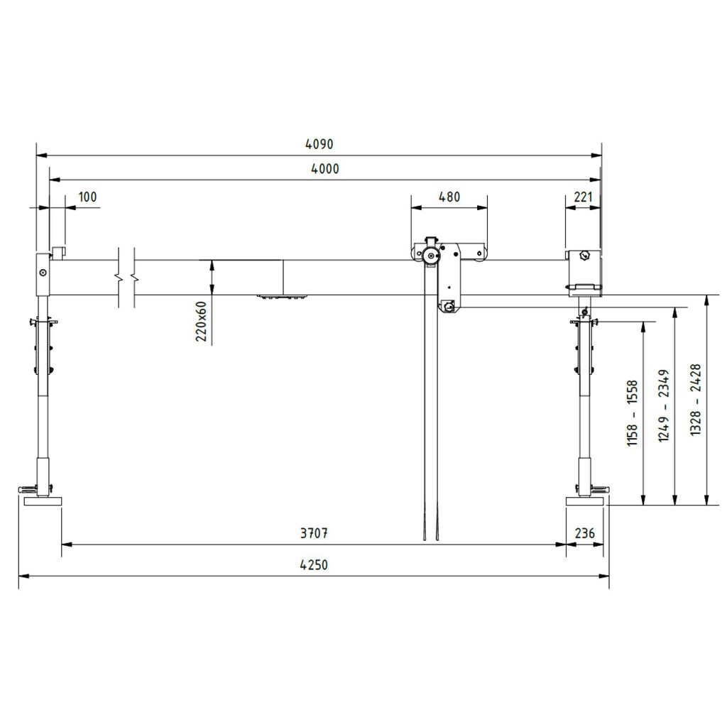 Aluminiowa suwnica bramowa SCHILLING z dzieloną belką, punkt zawieszenia 1249-2349 mm, udźwig 500 kg Zdjęcie produktu nr 2: Aluminiowa suwnica bramowa SCHILLING z dzieloną belką, punkt zawieszenia 1249-2349 mm, udźwig 500 kg