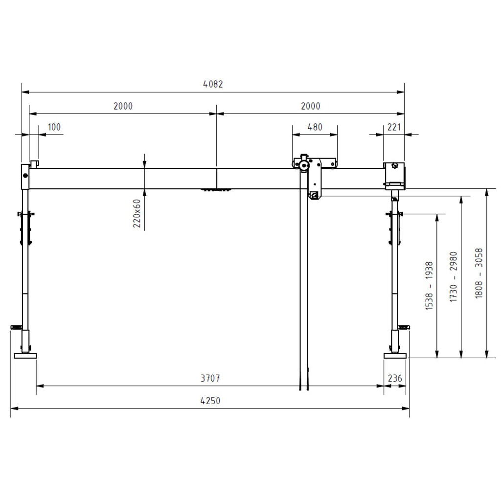 Aluminiowa suwnica bramowa SCHILLING z dzieloną belką, punkt zawieszenia 1730-2980 mm, udźwig 500 kg Zdjęcie produktu nr 2: Aluminiowa suwnica bramowa SCHILLING z dzieloną belką, punkt zawieszenia 1730-2980 mm, udźwig 500 kg