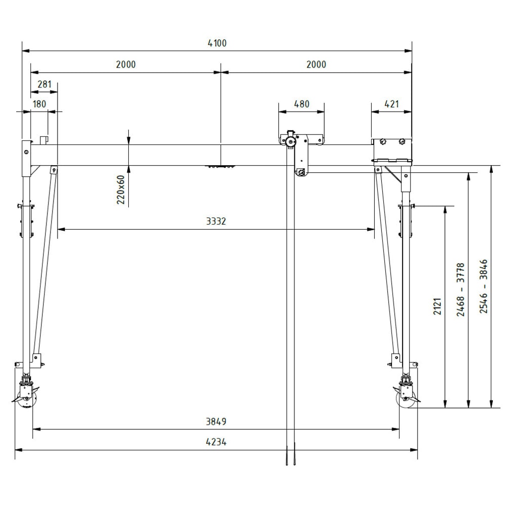 Zdjęcie produktu nr 3: Aluminiowa suwnica bramowa SCHILLING z dzieloną belką, mobilna, wysokość całkowita 4270 mm, udźwig 500 kg