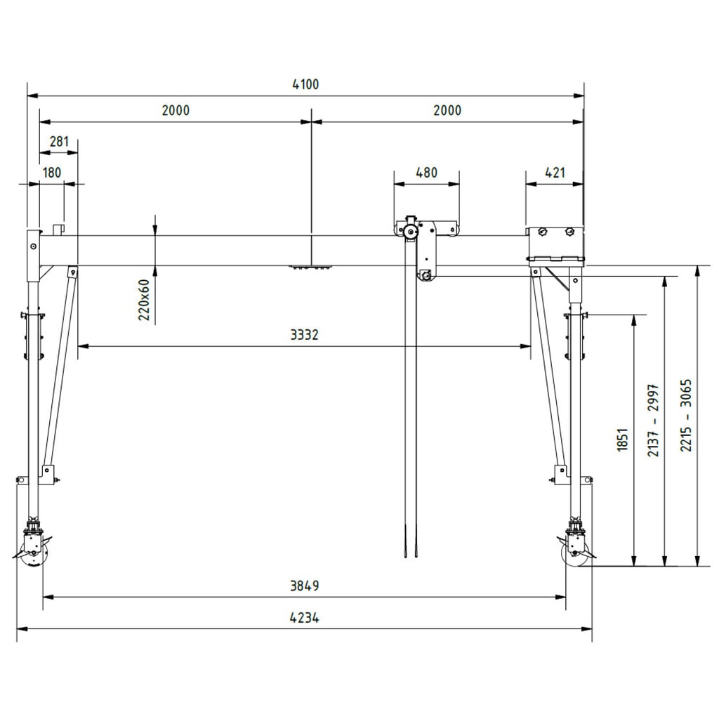 Aluminiowa suwnica bramowa SCHILLING z dzieloną belką, mobilna, wysokość całkowita 3470 mm, udźwig 500 kg Zdjęcie produktu nr 3: Aluminiowa suwnica bramowa SCHILLING z dzieloną belką, mobilna, wysokość całkowita 3470 mm, udźwig 500 kg