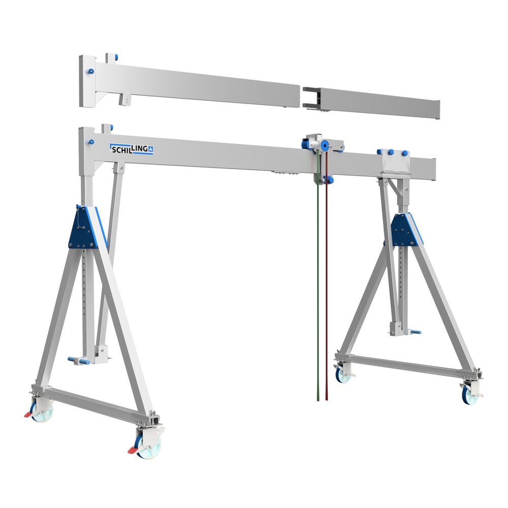Obraz produktu: Aluminiowa suwnica bramowa SCHILLING z dzieloną belką, mobilna, wysokość całkowita 2560 mm, udźwig 500 kg