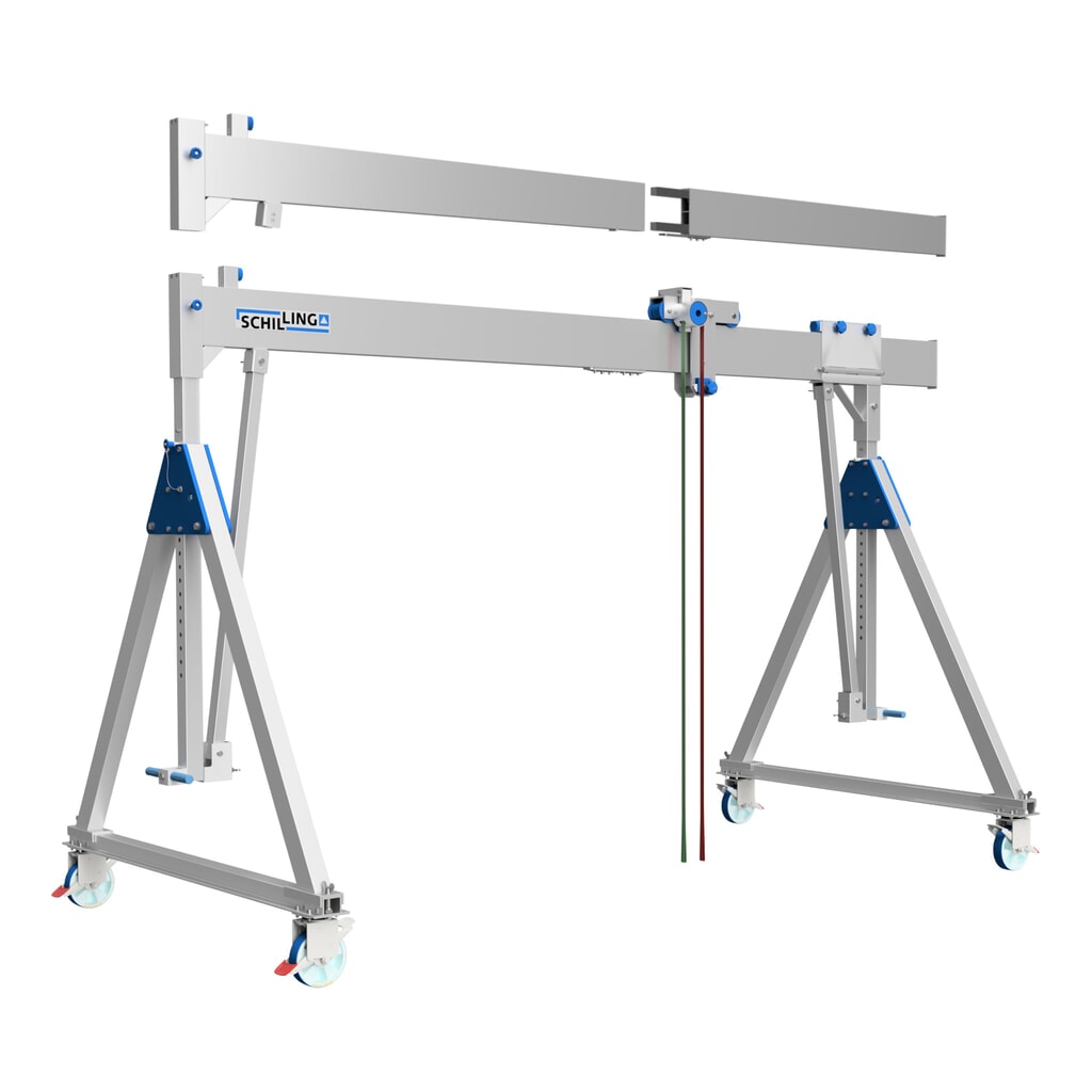 Aluminiowa suwnica bramowa SCHILLING z dzieloną belką, mobilna, wysokość całkowita 3470 mm, udźwig 500 kg Zdjęcie produktu: Aluminiowa suwnica bramowa SCHILLING z dzieloną belką, mobilna, wysokość całkowita 3470 mm, udźwig 500 kg