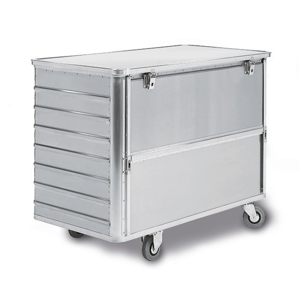 Zdjęcie produktu nr 1: Aluminiowy wózek skrzyniowy z opuszczaną do połowy ścianą, 650 l, z pokrywą
