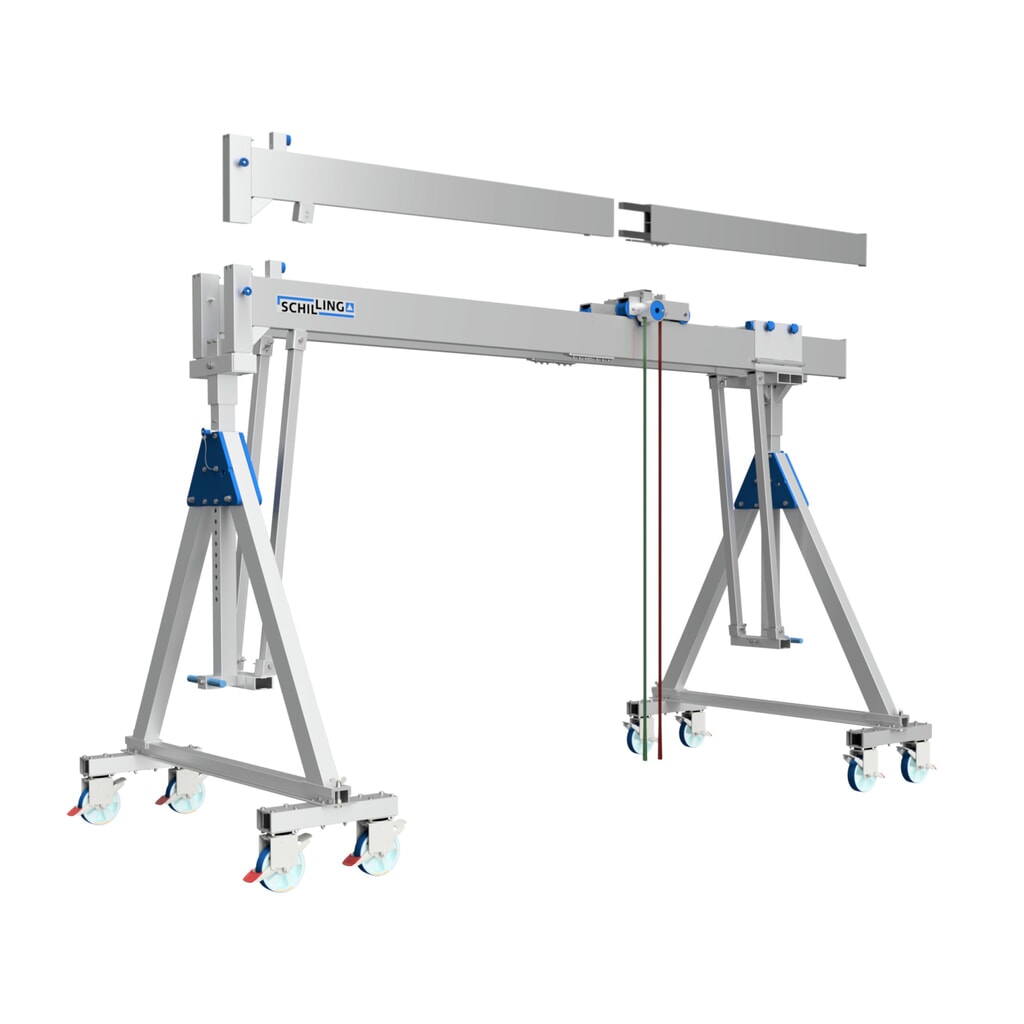 Aluminiowy żuraw bramowy z dzieloną podwójną belką, ruchomy, punkt zawieszenia 2613-3363 mm, udźwig 3000 kg Zdjęcie produktu nr 1: Aluminiowy żuraw bramowy z dzieloną podwójną belką, ruchomy, punkt zawieszenia 2613-3363 mm, udźwig 3000 kg