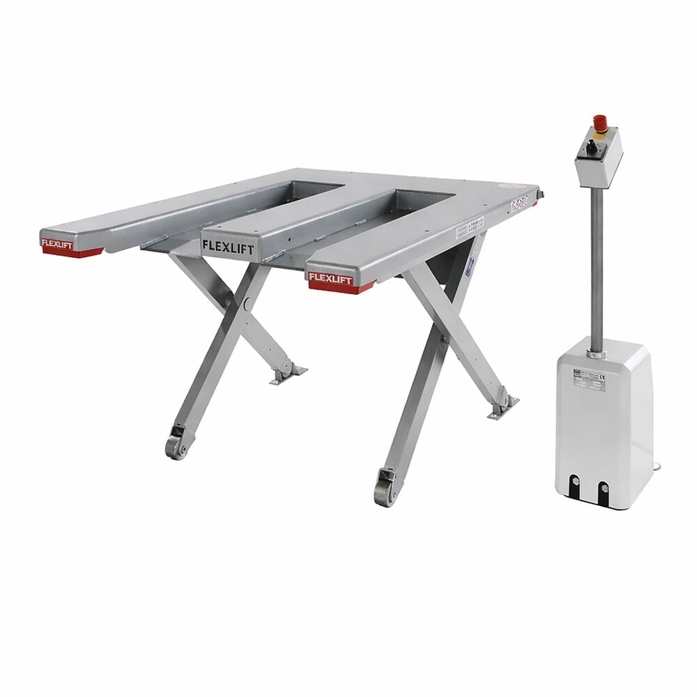 Zdjęcie produktu nr 1: Płaski stół podnośny nożycowy FLEXLIFT, kształt E, udźwig 1500 kg, wymiary blatu 1350 x 1150 mm, 230 V