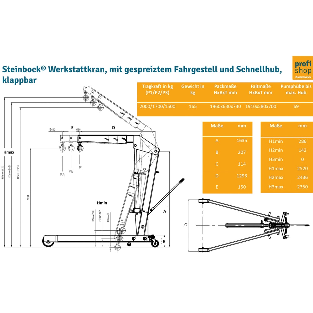 Zdjęcie produktu nr 5: Steinbock® Dźwig warsztatowy z rozstawioną ramą jezdną i funkcją szybkiego unoszenia, składany, udźwig 1500 - 2000 kg