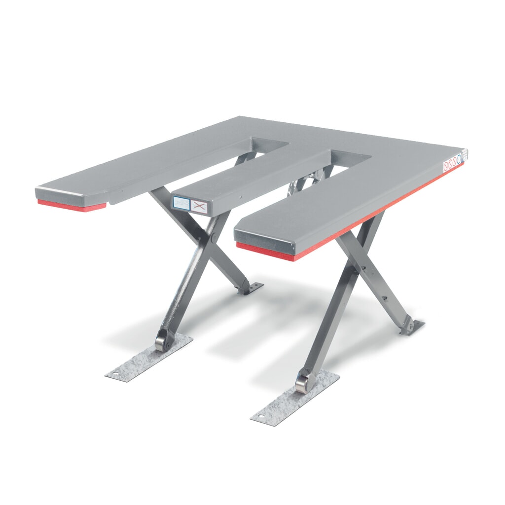 Płaski stół podnośny nożycowy FLEXLIFT, kształt E, udźwig 600 kg, wymiary blatu 1350 x 1150 mm, 230 V Zdjęcie produktu: Płaski stół podnośny nożycowy FLEXLIFT, kształt E, udźwig 600 kg, wymiary blatu 1350 x 1150 mm, 230 V