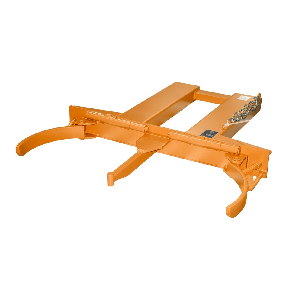 Zdjęcie produktu: Bauer® chwytak do beczek FK-I do stalowych beczek ze szpuntem, stalowych beczek z pokrywą i beczek z obręczą toczną, osprzęt do wózka widłowego, udźwig 500 kg, lakierowany, żółtopomarańczowy