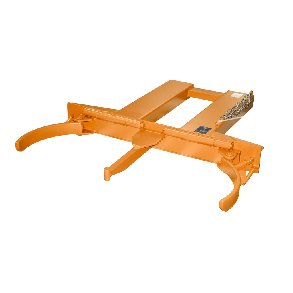 Zdjęcie produktu: Bauer® chwytak do beczek FK-I do stalowych beczek ze szpuntem, stalowych beczek z pokrywą i beczek z obręczą toczną, osprzęt do wózka widłowego, udźwig 500 kg, lakierowany, żółtopomarańczowy