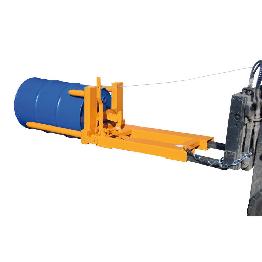 Zdjęcie produktu nr 2: Bauer® chwytak do beczek FW-I do 200-litrowych stalowych beczek ze szpuntem i beczek z obręczą toczną, obracanie beczek, osprzęt do wózka widłowego, lakierowany, żółtopomarańczowy