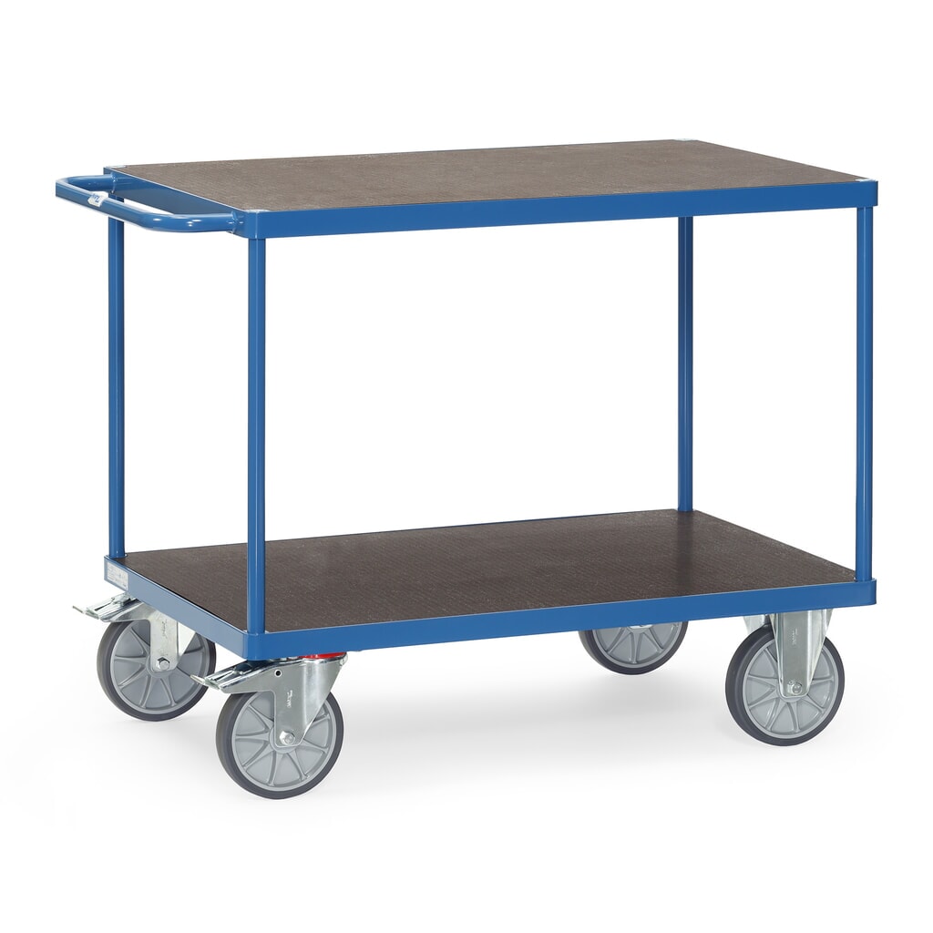 Zdjęcie produktu: Ciężki wózek stołowy i montażowy fetra®, antypoślizgowa powierzchnia ładunkowa, 2 piętra o wymiarach 600 x 1000 mm, niebieski brylantowy