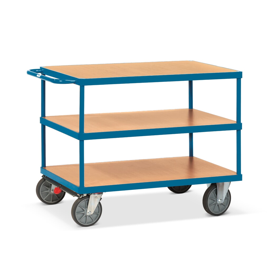 Zdjęcie produktu nr 1: Ciężki wózek stołowy i montażowy fetra®, 3 piętra o wymiarach 600 x 1000 mm, z centralnym hamulcem