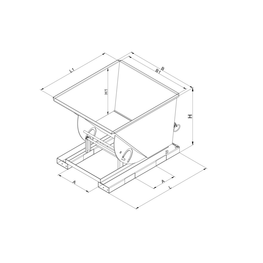 Zdjęcie produktu nr 4: kontener przechylny z mechanizm rolkowy, wysoka wysokość zabudowy, ocynkowany, 500 litrów