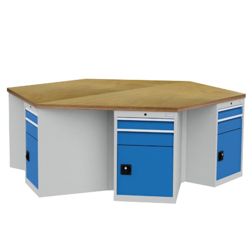 Zdjęcie produktu: Grupowa ława warsztatowa Bedrunka+Hirth R 18-24, z 12 szufladami, wys. x szer. x gł. 859 x 2500 x 2165 mm, kolor jasnoszary, kolor jasnoniebieski