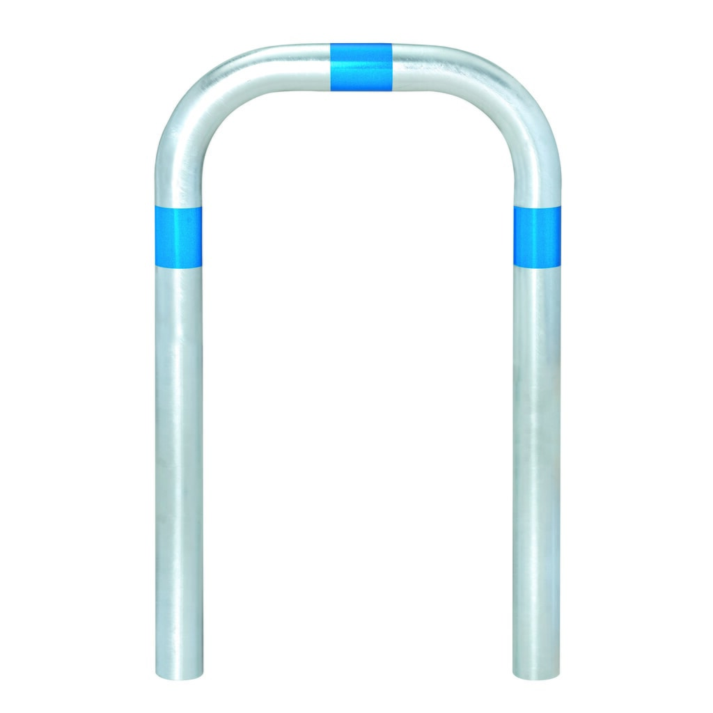 Kabłąk ochronny do kolumn ładowania, Ø 60 mm, szer. x wys. 500 x 500 mm, do osadzania w betonie, niebieskie pierścienie odblaskowe Zdjęcie produktu nr 1: Kabłąk ochronny do kolumn ładowania, Ø 60 mm, szer. x wys. 500 x 500 mm, do osadzania w betonie, niebieskie pierścienie odblaskowe