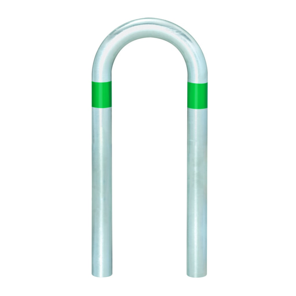 Zdjęcie produktu: Kabłąk ochronny do kolumn ładowania, Ø 60 mm, szer. x wys. 360 x 500 mm, do osadzania w betonie, zielone pierścienie odblaskowe