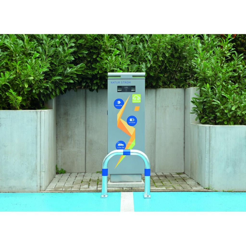 Zdjęcie produktu nr 2: Kabłąk ochronny do kolumn ładowania, Ø 60 mm, szer. x wys. 500 x 500 mm, do osadzania w betonie, niebieskie pierścienie odblaskowe