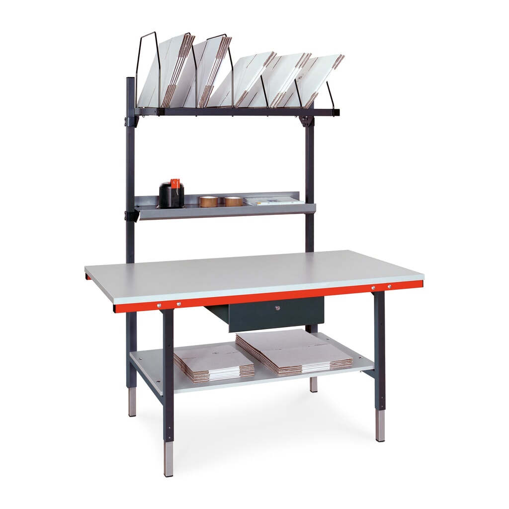 Rocholz stół do pakowania SYSTEM 2000 z ręczną regulacją wysokości, komplet z szufladą i półką pośrednią, wys. x szer. x gł. 690–960 x 1 600 x 800 mm Zdjęcie produktu: Rocholz stół do pakowania SYSTEM 2000 z ręczną regulacją wysokości, komplet z szufladą i półką pośrednią, wys. x szer. x gł. 690–960 x 1 600 x 800 mm