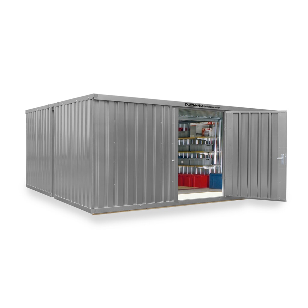 Zdjęcie produktu nr 1: Kompozycja kontenera materiałowego FLADAFI®, malowana, 2 moduły, wys. × szer. × gł. 2150 × 5080 × 4340 mm, wstępnie zmontowane, drewniana podłoga, jasnoszary