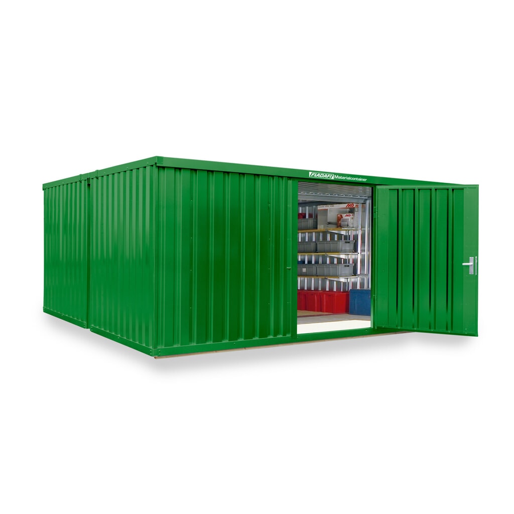 Kompozycja kontenera materiałowego FLADAFI®, lakierowana, 2 moduły, wys. × szer. × gł. 2150 × 5080 × 4340 mm, wstępnie zmontowana, podłoga drewniana, kolor trawiasty zielony Zdjęcie produktu nr 1: Kompozycja kontenera materiałowego FLADAFI®, lakierowana, 2 moduły, wys. × szer. × gł. 2150 × 5080 × 4340 mm, wstępnie zmontowana, podłoga drewniana, kolor trawiasty zielony