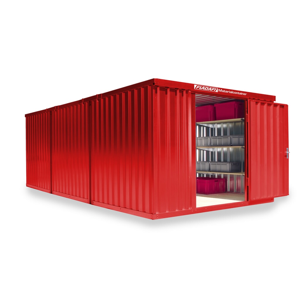 Kompozycja kontenera materiałowego FLADAFI®, lakierowana, 3 moduły, wys. × szer. × gł. 2150 × 3050 × 6520 mm, wstępnie zmontowana, podłoga drewniana, kolor ogniście czerwony Zdjęcie produktu nr 1: Kompozycja kontenera materiałowego FLADAFI®, lakierowana, 3 moduły, wys. × szer. × gł. 2150 × 3050 × 6520 mm, wstępnie zmontowana, podłoga drewniana, kolor ogniście czerwony