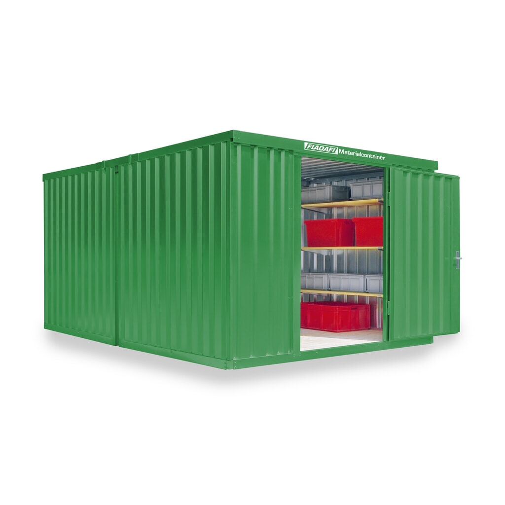 Zdjęcie produktu nr 1: Kompozycja kontenera materiałowego FLADAFI®, malowany, 2 moduły, wys. x szer. x gł. 2150 x 3050 x 4340 mm, zdemontowany, podłoga drewniana, kolor trawiastozielony
