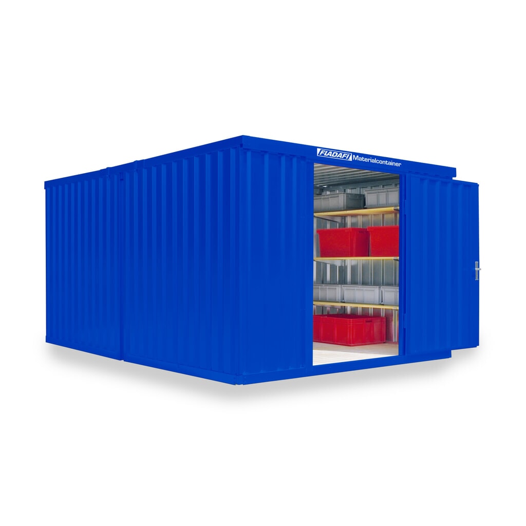 Zdjęcie produktu nr 1: Kompozycja kontenera materiałowego FLADAFI®, malowany, 2 moduły, wys. x szer. x gł. 2150 x 3050 x 4340 mm, zdemontowany, podłoga drewniana, kolor gencjanowy niebieski