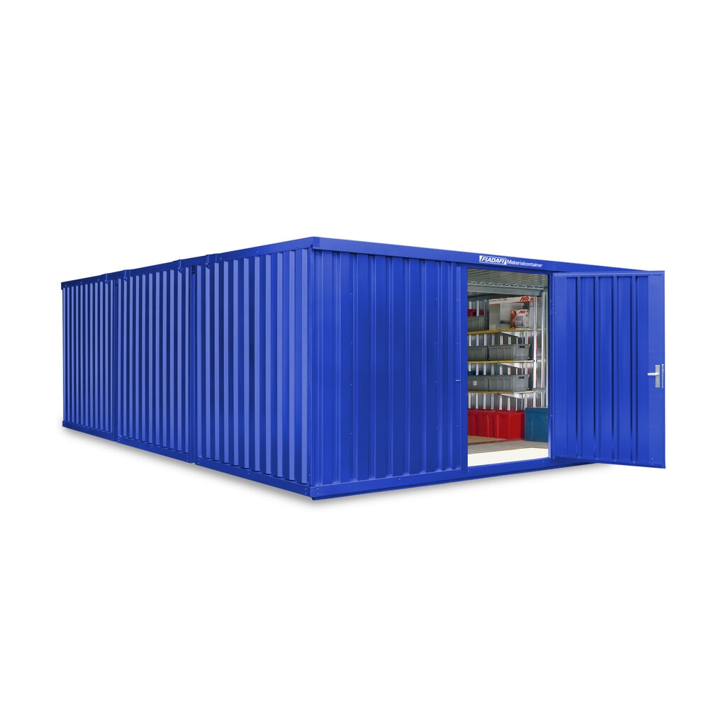 Kompozycja kontenera materiałowego FLADAFI®, lakierowana, 3 moduły, wys. × szer. × gł. 2150 × 5080 × 6520 mm, wstępnie zmontowana, podłoga drewniana, kolor gencjanowy niebieski Zdjęcie produktu nr 1: Kompozycja kontenera materiałowego FLADAFI®, lakierowana, 3 moduły, wys. × szer. × gł. 2150 × 5080 × 6520 mm, wstępnie zmontowana, podłoga drewniana, kolor gencjanowy niebieski
