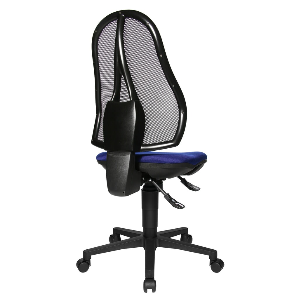 Krzesło biurowe obrotowe Topstar® Open Point Syncro, siedzisko profilowane do ochrony krążków międzykręgowych, oparcie siatkowe, kolor niebieski Zdjęcie produktu nr 4: Krzesło biurowe obrotowe Topstar® Open Point Syncro, siedzisko profilowane do ochrony krążków międzykręgowych, oparcie siatkowe, kolor niebieski
