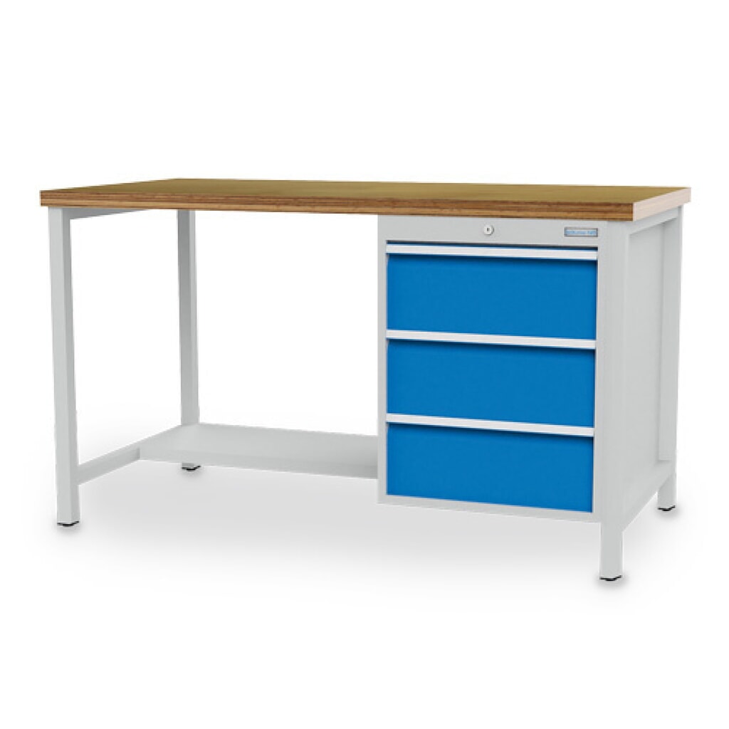 Zdjęcie produktu: Stół warsztatowy Bedrunka+Hirth R 18-24, wys. x szer. x gł. 959 x 1500 x 750 mm, kolor jasnoszary, kolor jasnoniebieski, 3 x szuflada 3 x 200 mm