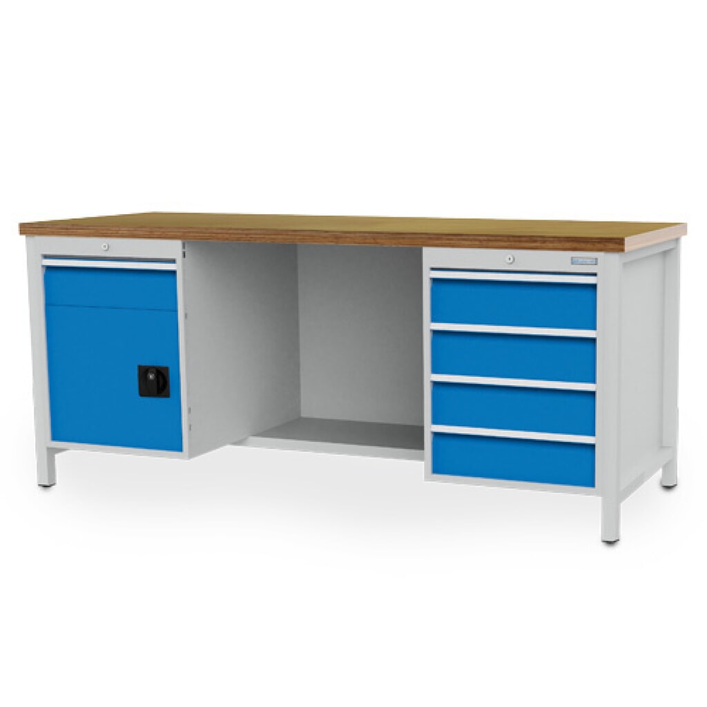 Zdjęcie produktu: Ława warsztatowa Bedrunka+Hirth R 18-24, wys. x szer. x gł. 859 x 2000 x 750 mm, kolor jasnoszary, kolor jasnoniebieski, 5 x szuflada 5 x 150 mm, 1 drzwi skrzydłowe 1 x 450 mm