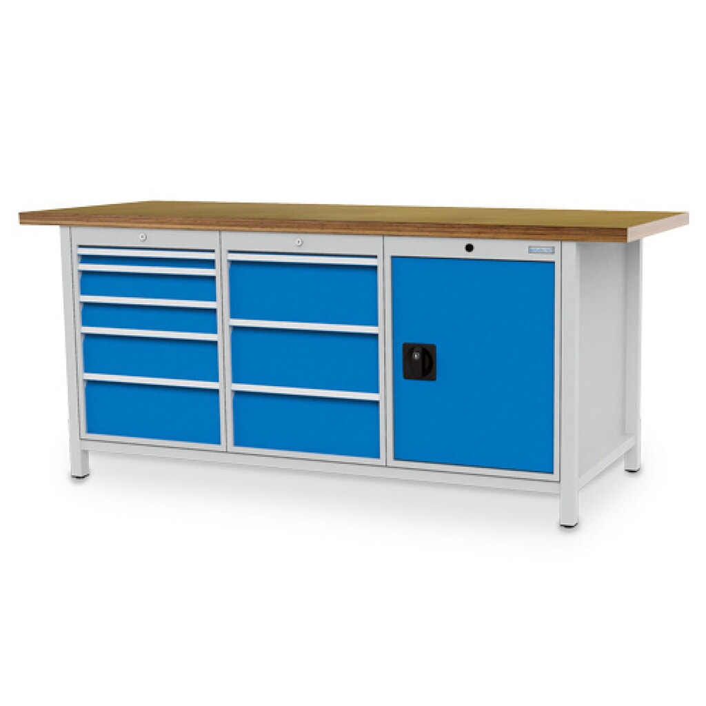 Zdjęcie produktu: Ława warsztatowa Bedrunka+Hirth R 18-24, wys. x szer. x gł. 959 x 2000 x 750 mm, kolor jasnoszary, kolor jasnoniebieski, 8 x szuflada 1 x 50 + 2 x 100 + 1 x 150 + 4 x 200 mm, 1 x drzwi skrzydłowe 1 x 600 mm