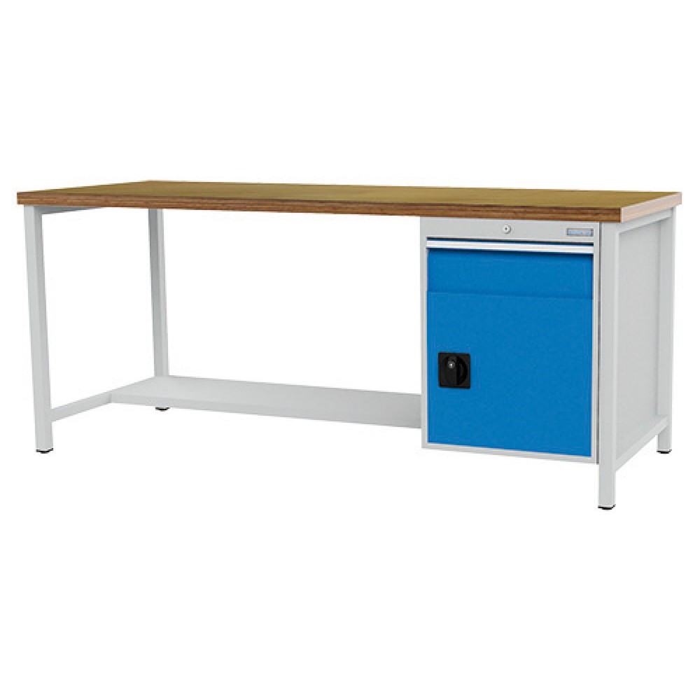 Obraz produktu: Ława warsztatowa Bedrunka+Hirth R 18-24, wys. x szer. x gł. 959 x 2000 x 750 mm, kolor jasnoszary, kolor jasnoniebieski, 1 x szuflada 1 x 150 mm, 1 drzwi skrzydłowe 1 x 450 mm