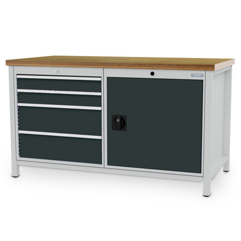Obraz produktu: Ława warsztatowa Bedrunka+Hirth R 24-24, wys. x szer. x gł. 859 x 1500 x 750 mm, kolor jasnoszary, kolor antracytowoszary, 4 x szuflada 4 x 200 mm, 1 drzwi skrzydłowe 1 x 600 mm
