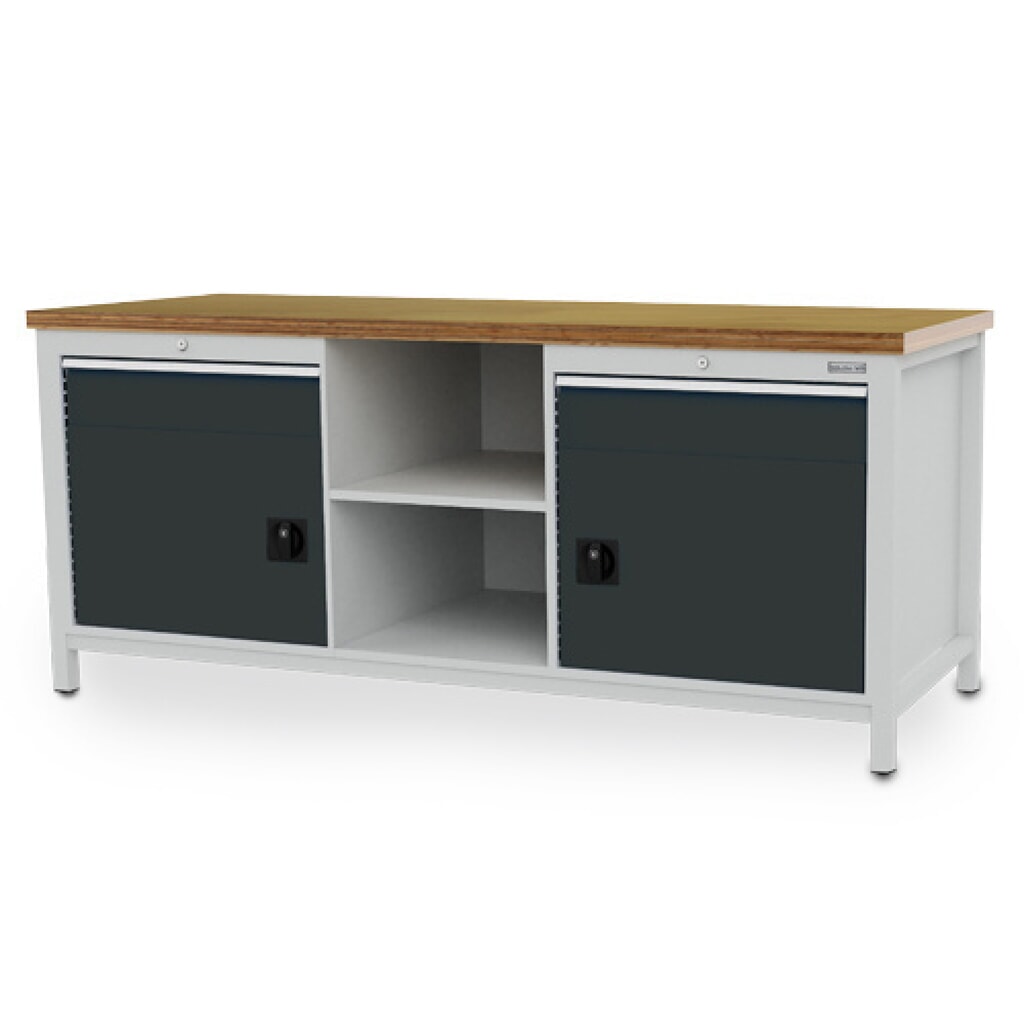 Zdjęcie produktu: Ława warsztatowa Bedrunka+Hirth R 24-24, wys. x szer. x gł. 859 x 2000 x 750 mm, kolor jasnoszary, kolor antracytowoszary, 2 x szuflada 2 x 150 mm, 2 x drzwi skrzydłowe 2 x 450 mm