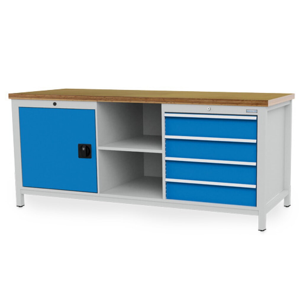 Zdjęcie produktu: Ława warsztatowa Bedrunka+Hirth R 24-24, wys. x szer. x gł. 859 x 2000 x 750 mm, kolor jasnoszary, kolor jasnoniebieski, 4 x szuflada 4 x 150 mm, 1 drzwi skrzydłowe 1 x 600 mm