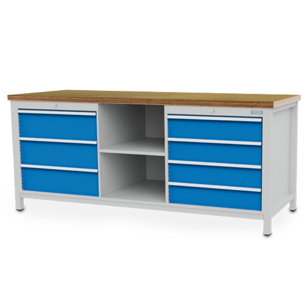 Zdjęcie produktu: Ława warsztatowa Bedrunka+Hirth R 24-24, wys. x szer. x gł. 959 x 2000 x 750 mm, kolor jasnoszary, kolor jasnoniebieski, 7 x szuflada 4 x 150 + 3 x 200 mm