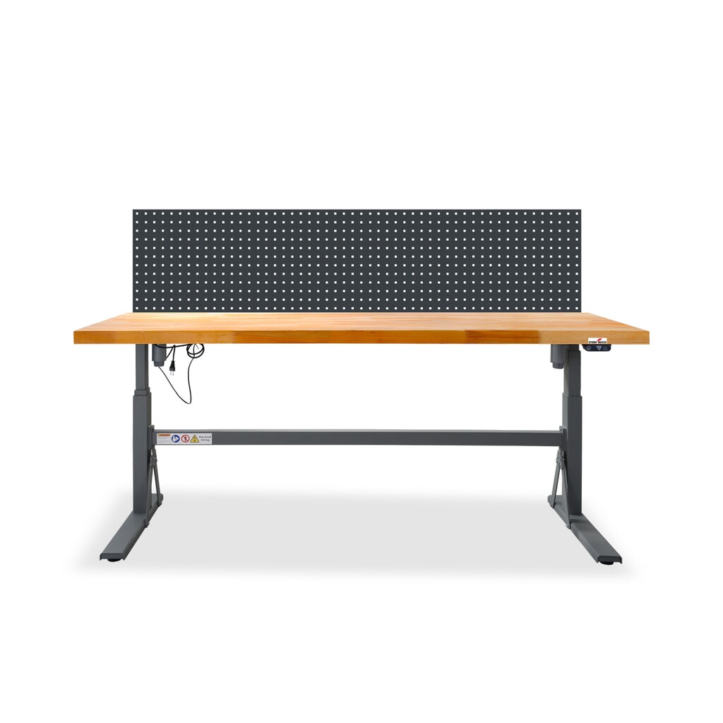 Zdjęcie produktu: Ława warsztatowa Steinbock® e-Adjust z funkcją elektrycznej regulacji wysokości, wyposażona w perforowaną ścianę, wys. x szer. x gł. 700–1170 x 2000 x 750 mm, udźwig 350 kg