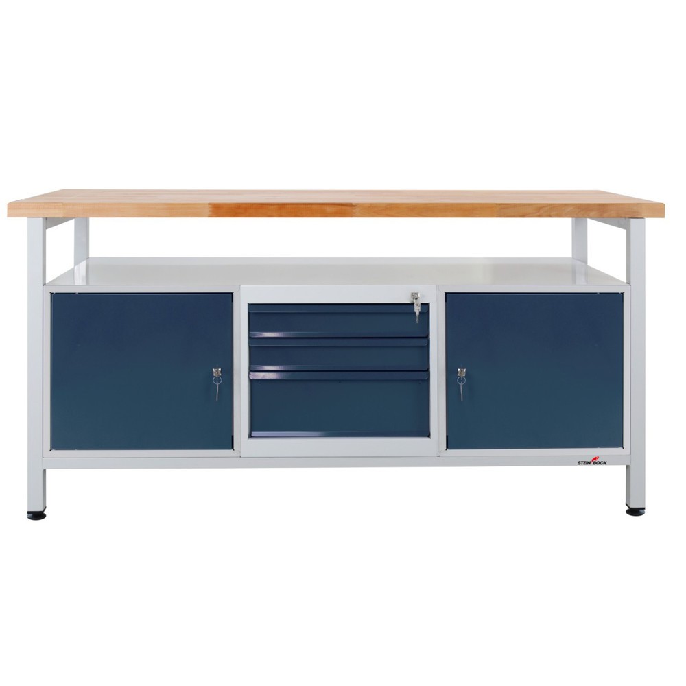 Zdjęcie produktu nr 1: Ława warsztatowa Steinbock® Extra, 1 x półka, 2 x drzwi, 3 x szuflada, udźwig 500 kg, wys. x szer. x gł. 840 x 1700 x 600 mm, RAL 7035/7016