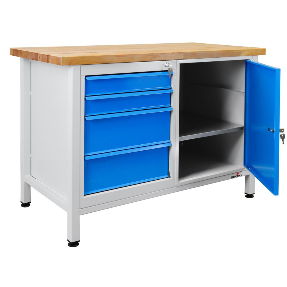 Zdjęcie produktu nr 1: Ława warsztatowa Steinbock® Premium, 4 x szuflada, 1 x drzwi, udźwig 300 kg, wys. x szer. x gł. 840 x 1200 x 600 mm, RAL 7035/5012