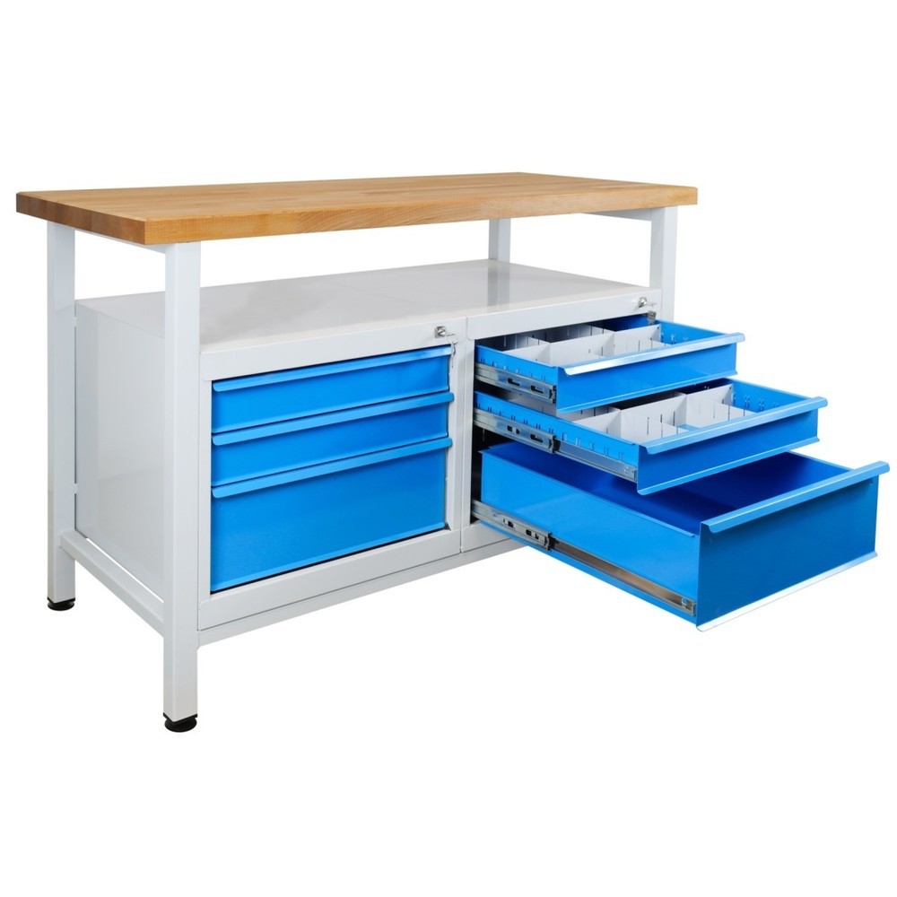 Zdjęcie produktu nr 1: Ława warsztatowa Steinbock® Premium, 1 x półka, 6 x szuflada, udźwig 300 kg, wys. x szer. x gł. 840 x 1200 x 600 mm, RAL 7035/5012