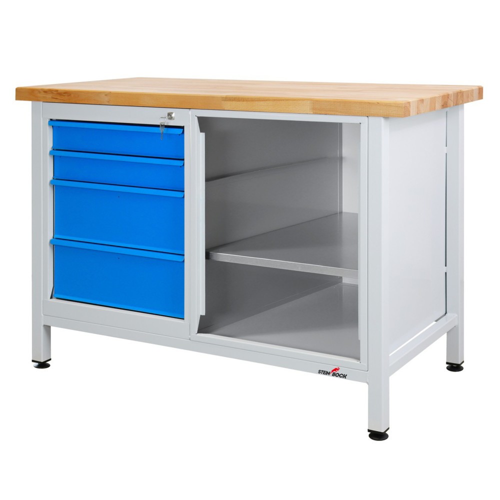 Zdjęcie produktu nr 1: Ława warsztatowa Steinbock® Premium, 4 x szuflada, 1 x sekcja regału, udźwig 300 kg, wys. x szer. x gł. 840 x 1200 x 600 mm, RAL 7035/5012