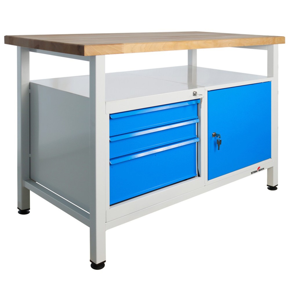 Obraz produktu: Ława warsztatowa Steinbock® Premium, 1 x półka, 3 x szuflada, 1 x drzwi, udźwig 300 kg, wys. x szer. x gł. 840 x 1200 x 600 mm, RAL 7035/5012