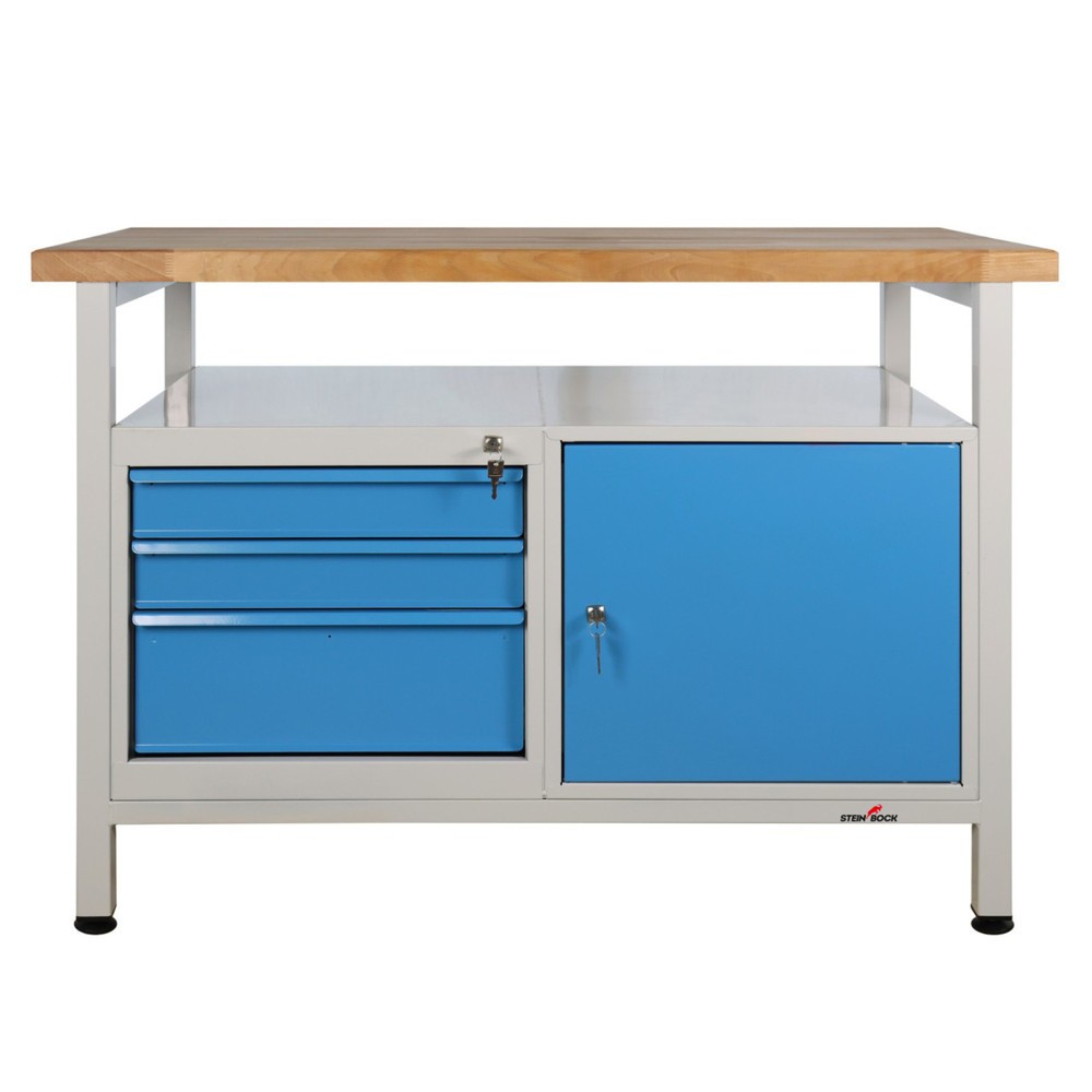 Zdjęcie produktu nr 7: Ława warsztatowa Steinbock® Premium, 1 x półka, 3 x szuflada, 1 x drzwi, udźwig 300 kg, wys. x szer. x gł. 840 x 1200 x 600 mm, RAL 7035/5012