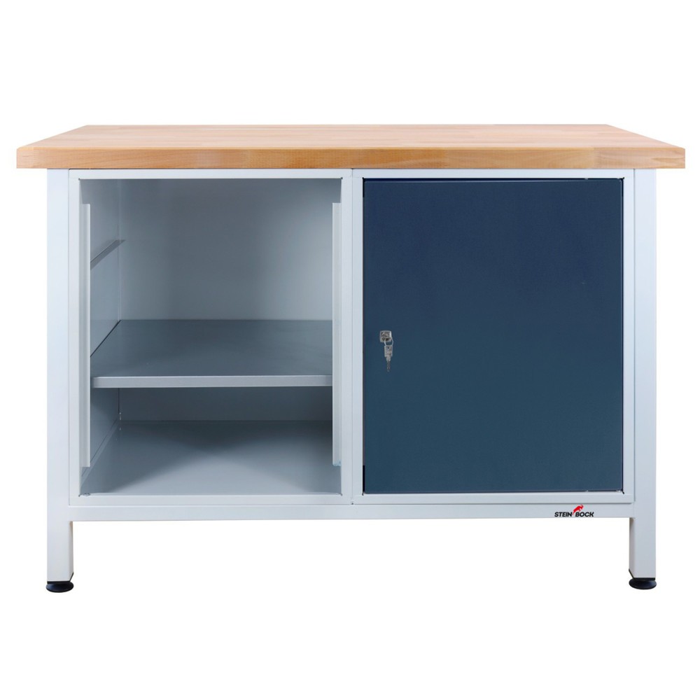 Zdjęcie produktu nr 1: Ława warsztatowa Steinbock® Premium, 1 x sekcja regału, 1 x drzwi, udźwig 300 kg, wys. x szer. x gł. 840 x 1200 x 600 mm, RAL 7035/7016
