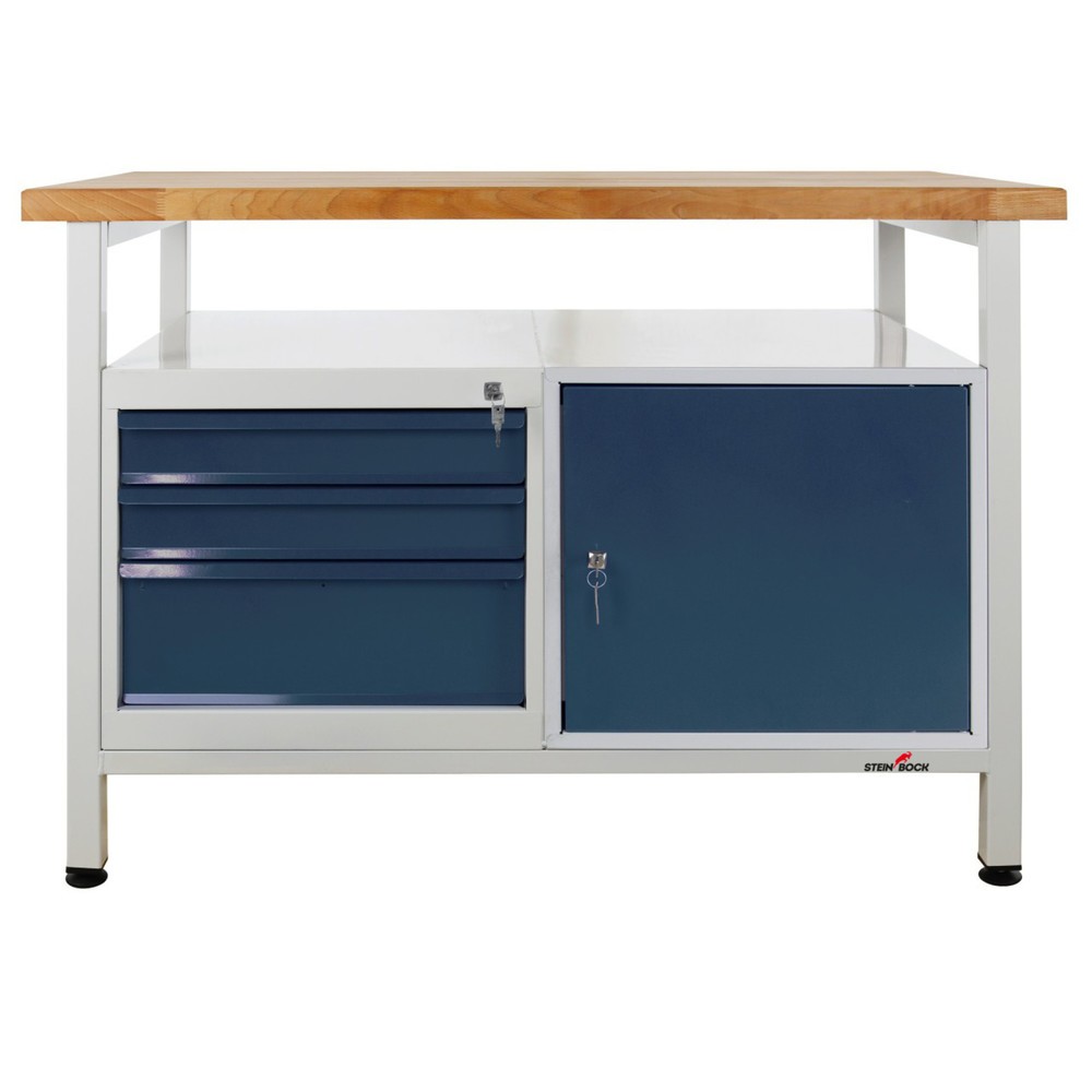 Zdjęcie produktu nr 1: Ława warsztatowa Steinbock® Premium, 1 x półka, 3 x szuflada, 1 x drzwi, udźwig 300 kg, wys. x szer. x gł. 840 x 1200 x 600 mm, RAL 7035/7016