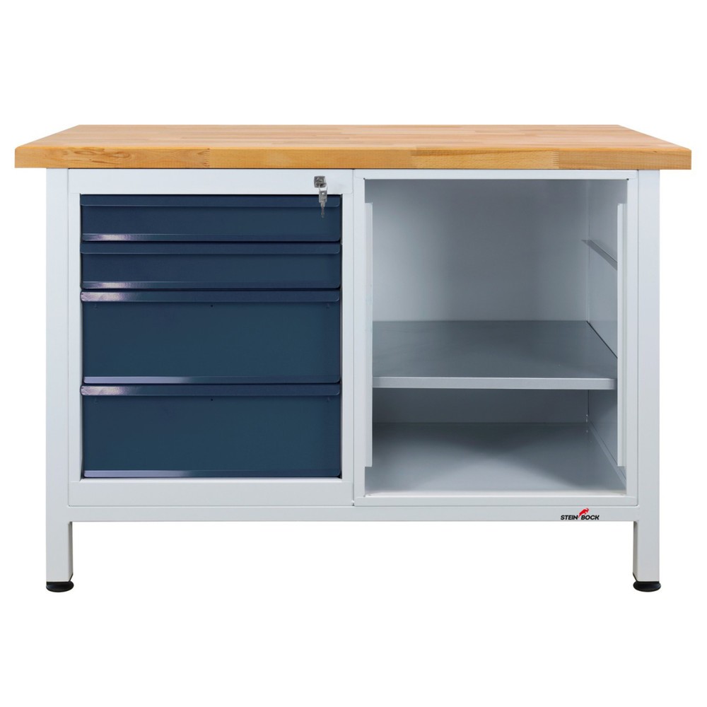 Zdjęcie produktu nr 1: Ława warsztatowa Steinbock® Premium, 4 x szuflada, 1 x sekcja regału, udźwig 300 kg, wys. x szer. x gł. 840 x 1200 x 600 mm, RAL 7035/7016