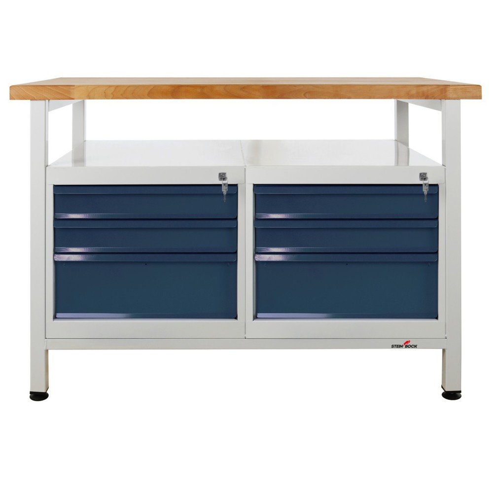 Zdjęcie produktu nr 1: Ława warsztatowa Steinbock® Premium, 1 x półka, 6 x szuflada, udźwig 300 kg, wys. x szer. x gł. 840 x 1200 x 600 mm, RAL 7035/7016