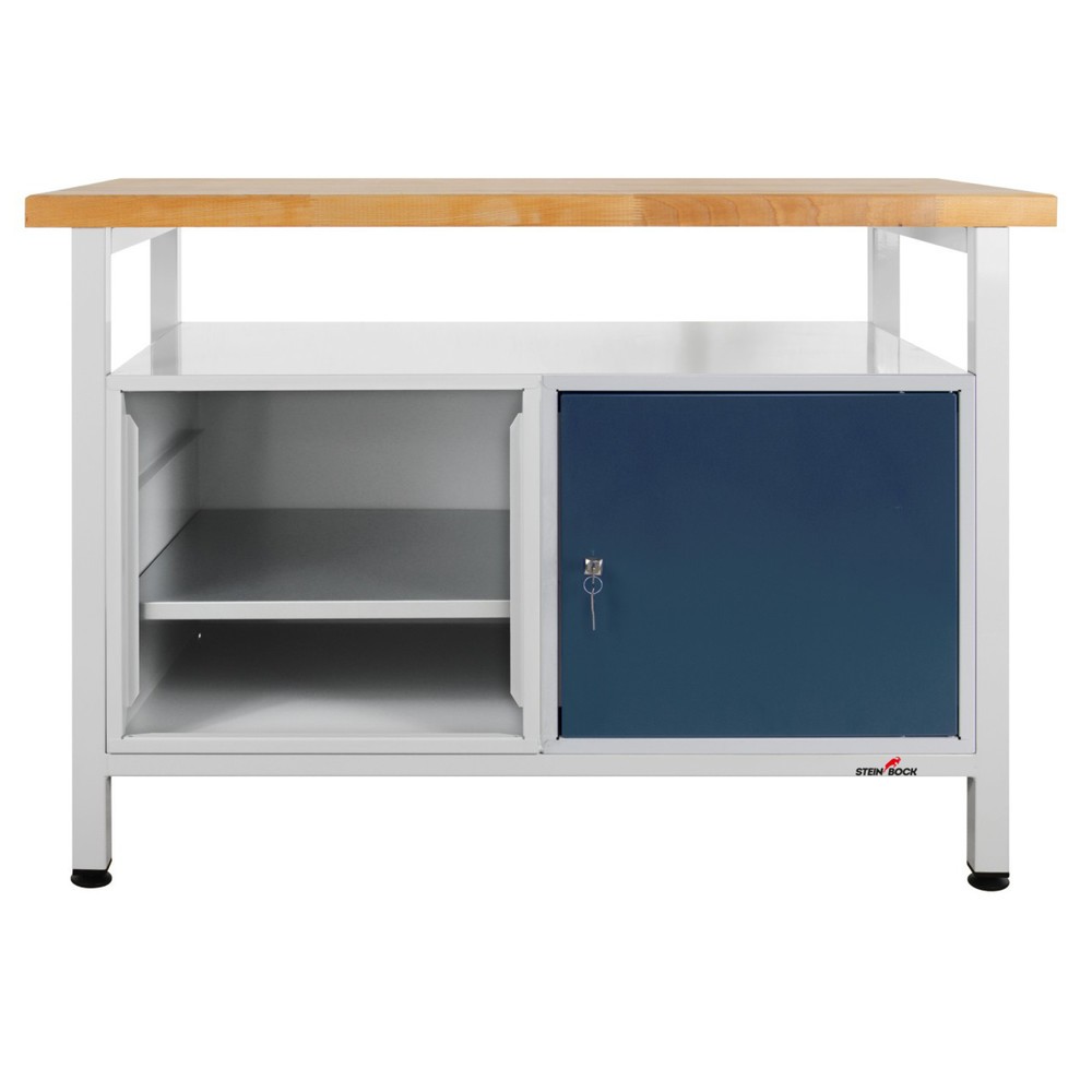 Zdjęcie produktu nr 1: Ława warsztatowa Steinbock® Premium, 1 x półka, 1 x sekcja regału, 1 x drzwi, udźwig 300 kg, wys. x szer. x gł. 840 x 1200 x 600 mm, RAL 7035/7016
